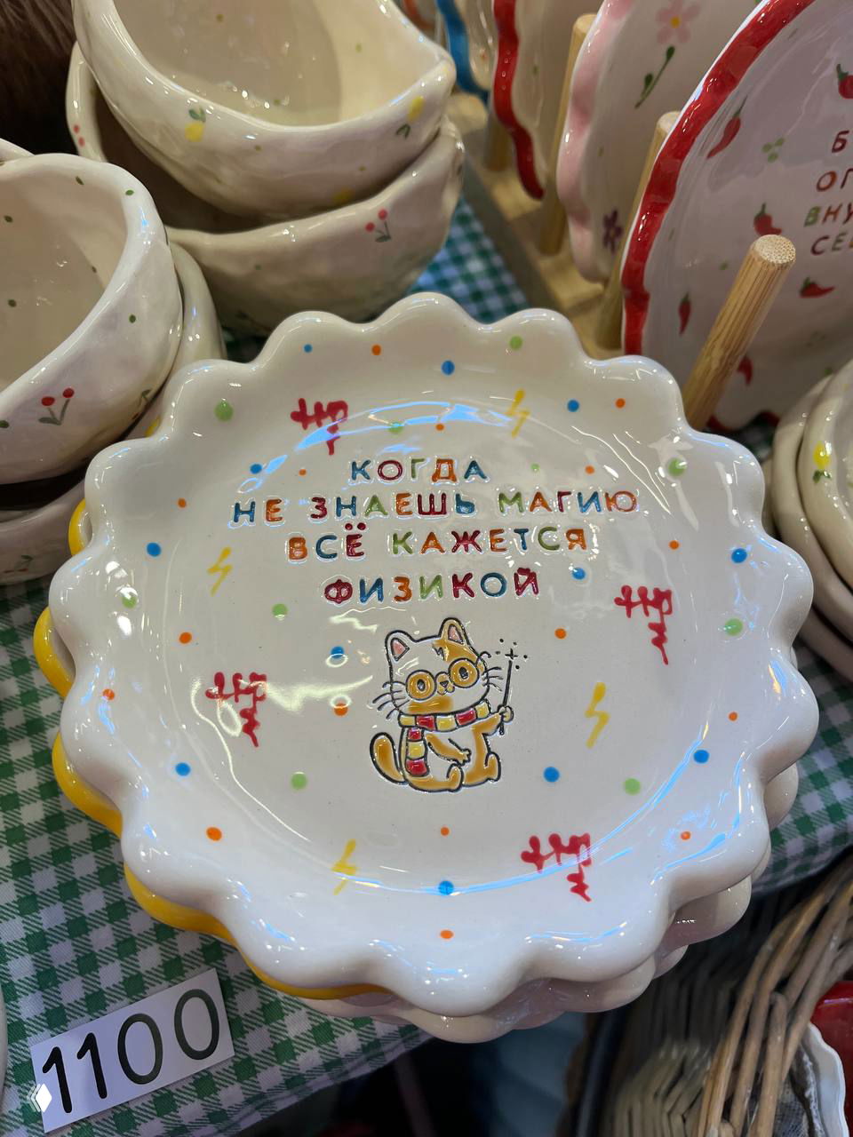 Крупный план расписной керамической тарелки с изображением кота и надписью «Когда не знаешь магию всё кажется физикой», рядом виден ценник 1100.