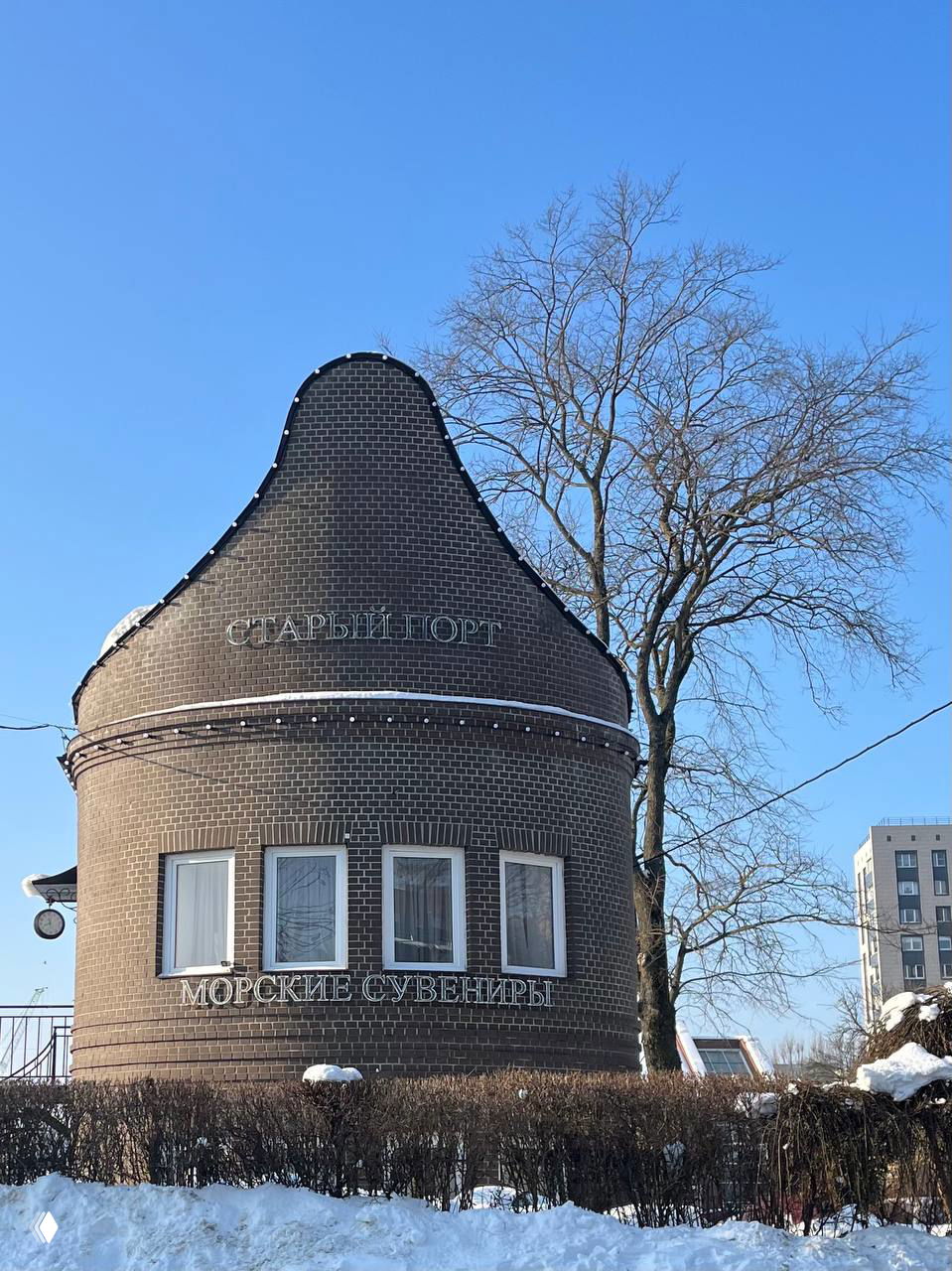 Круглое кирпичное здание с надписью «Старый порт» и «Морские сувениры» на набережной, снежные кусты и голое дерево на фоне небосвода.