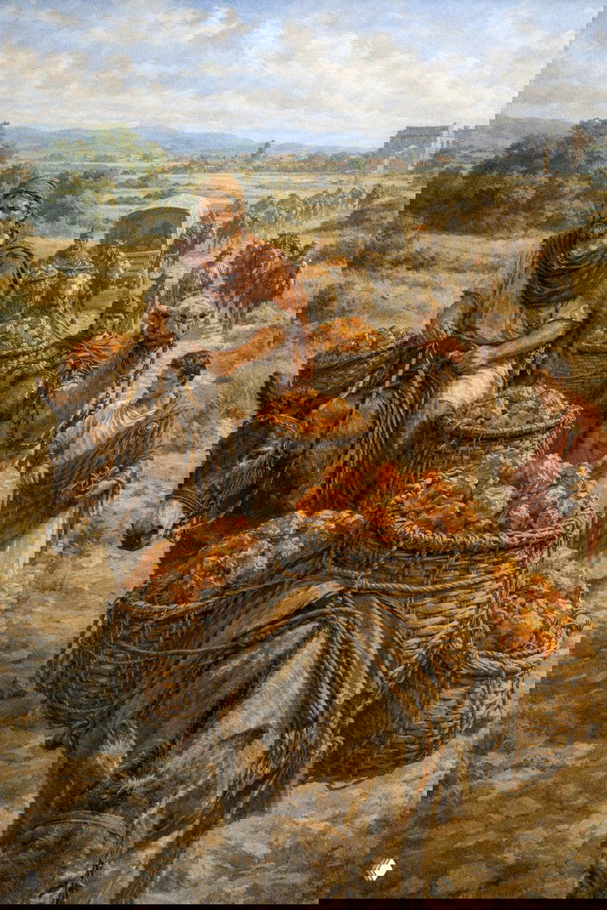 Сцена каравана: везут большие корзины с янтарём на ослах и повозках, впереди ведущий торговец и колонна купцов на дороге.