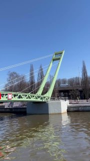 Вид с реки на недавно открытый зелёный пешеходный мост в Калининграде: крупная опора, тросы, отражение моста в воде и ясное весеннее небо.