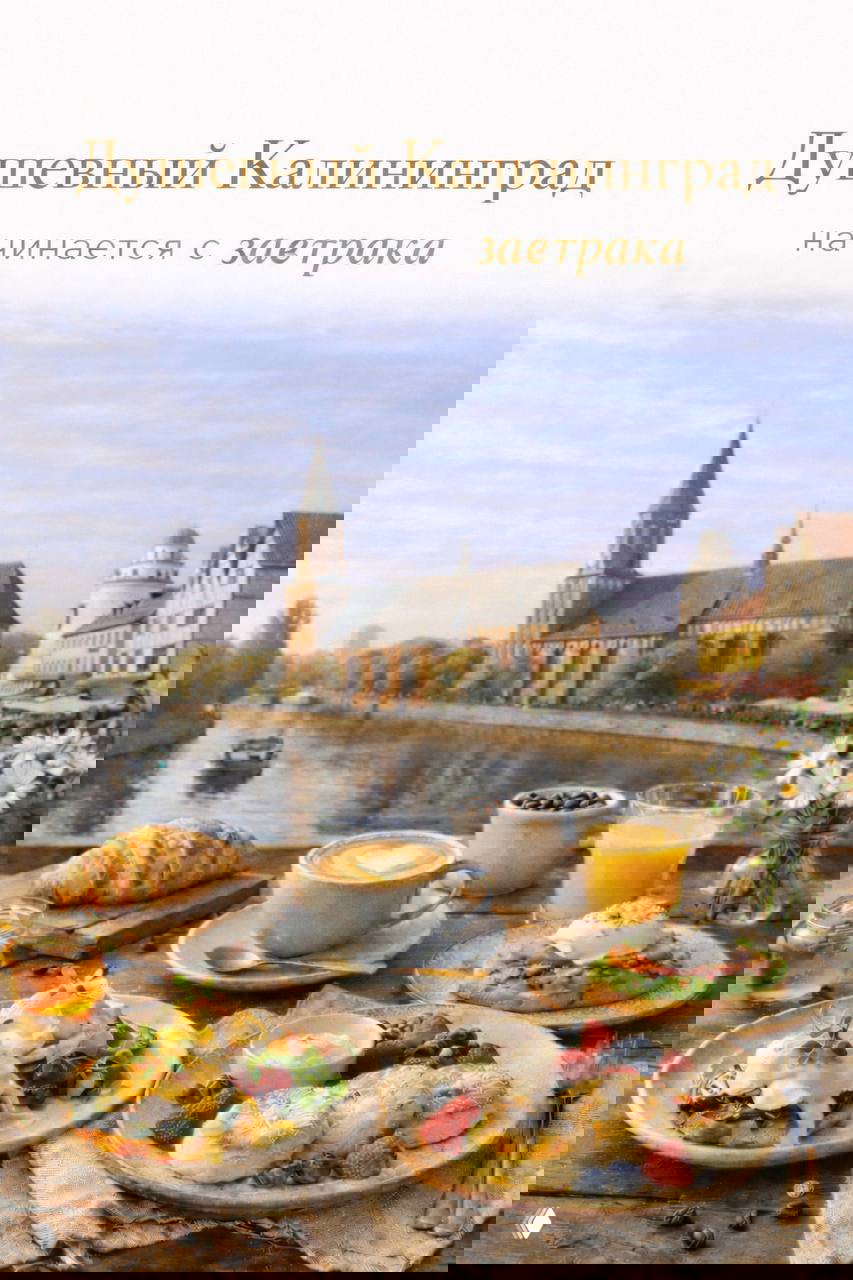 Нарезанный план утреннего стола: яйца Бенедикт, боул, сырники и кофе на фоне городской набережной и кирпичной кирхи Калининграда.