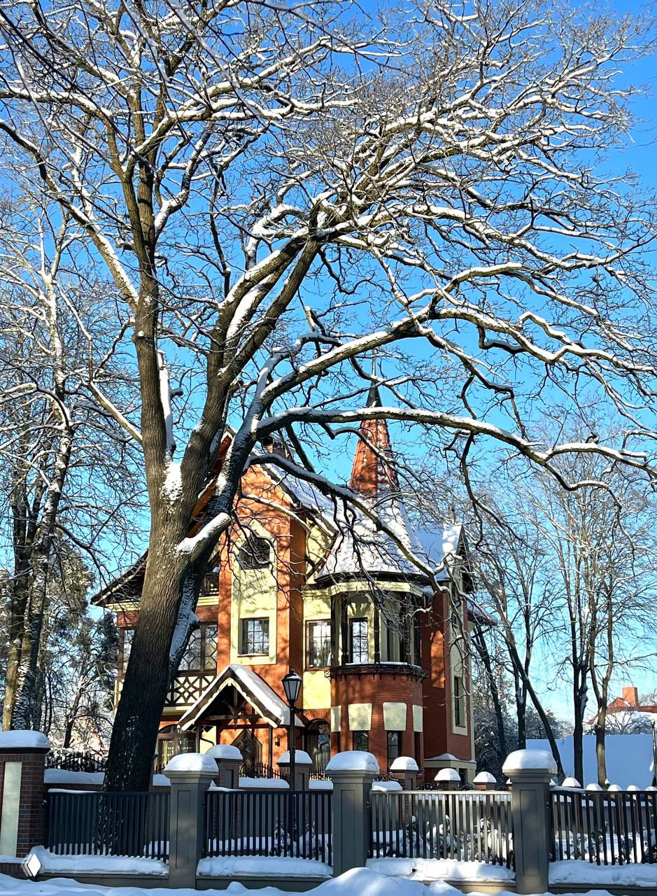 Красочная вилла с декоративной башенкой и оградой в зимнем парке района Марауненхоф — заснеженные ветви деревьев и тёплые оттенки фасада на фоне синего неба.