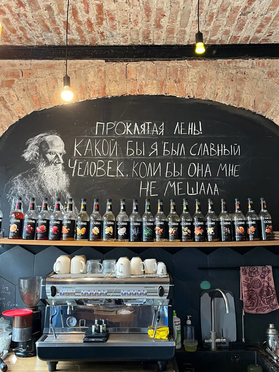 Кофемашина и барная зона кафе арт‑хостела «Толстой», на стене большая меловая доска с надписью «Проклятая лень!» и ряд сиропов.