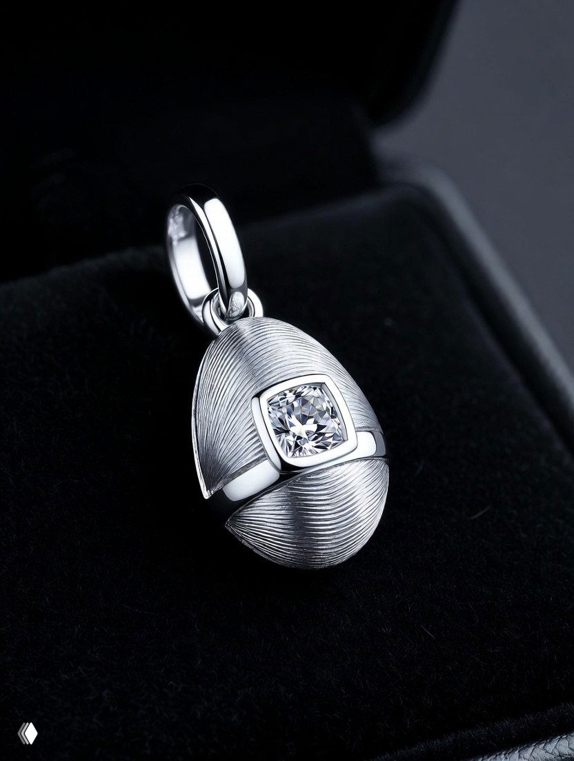 Крупный план Fabergé‑вдохновённого яйца‑шарма: чистые линии, тонкая гильошировка и огранённый бриллиант в квадратной оправе, на бархатном фоне.