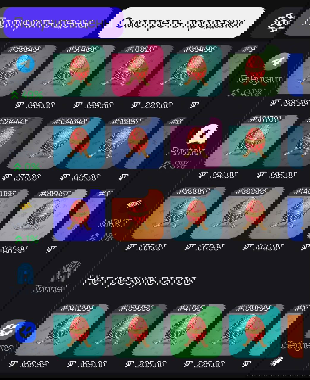 Витрина лотов Easter Egg Fabergé: сетка карточек с номерами токенов и ценами в TON, видны разные предложения и подпись «Нет результатов» внизу.