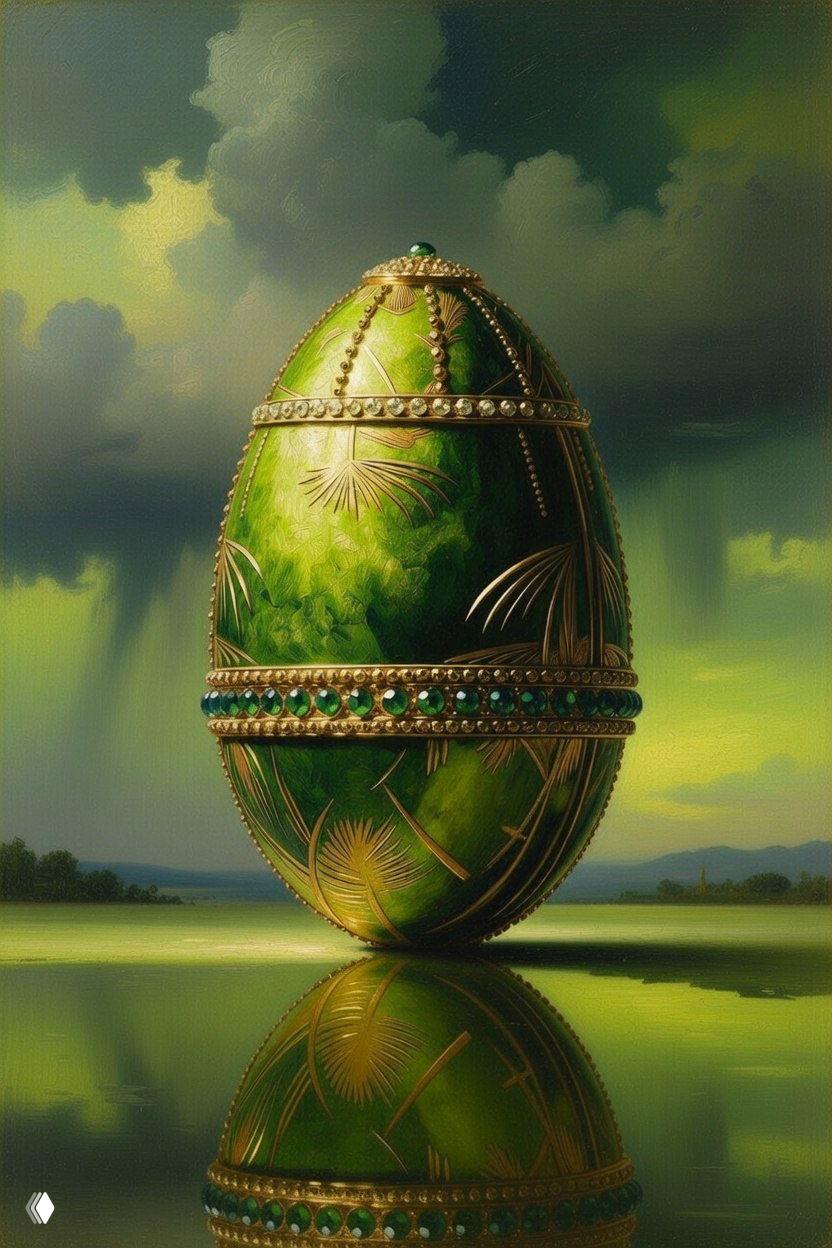Зелёное яйцо Фаберже с золотой резьбой и изумрудными вставками, отражение на спокойной поверхности и туманно-атмосферный фон в стиле Куинджи.