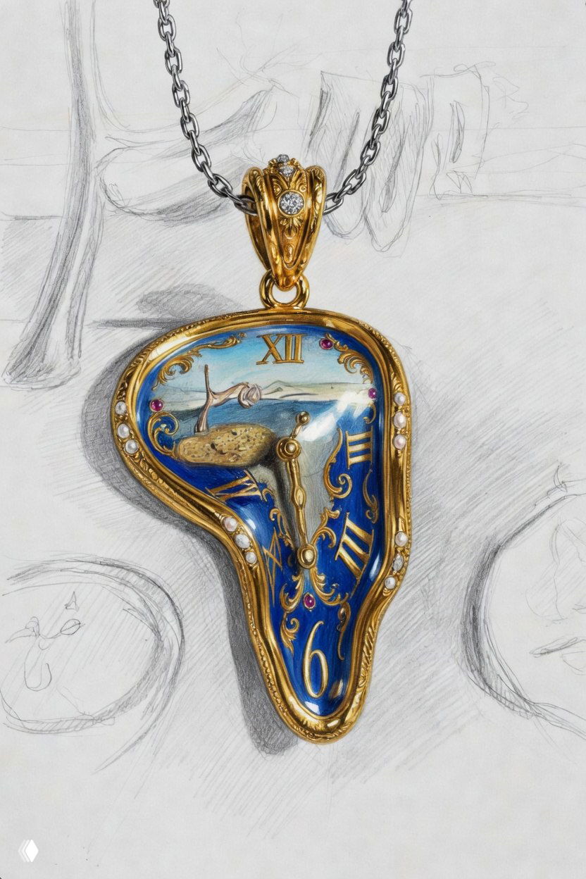 Окончательный вариант подвески в золоте и синей эмали, украшен жемчугом и драгоценными деталями, интерьер циферблата в духе сюрреалистического мотива Сальвадора Дали.