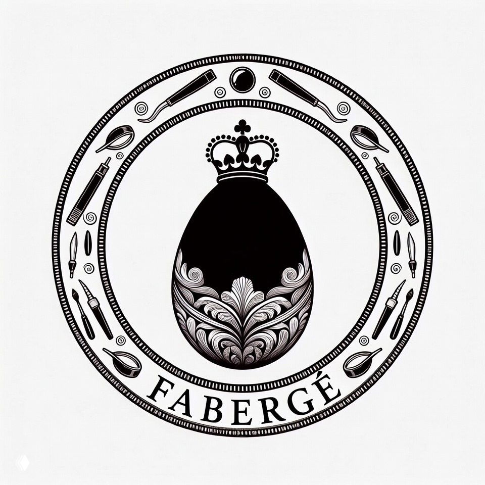 Вариант медальона с плотным тёмным силуэтом яйца и детализированным растительным орнаментом в нижней части, окружённый инструментами.