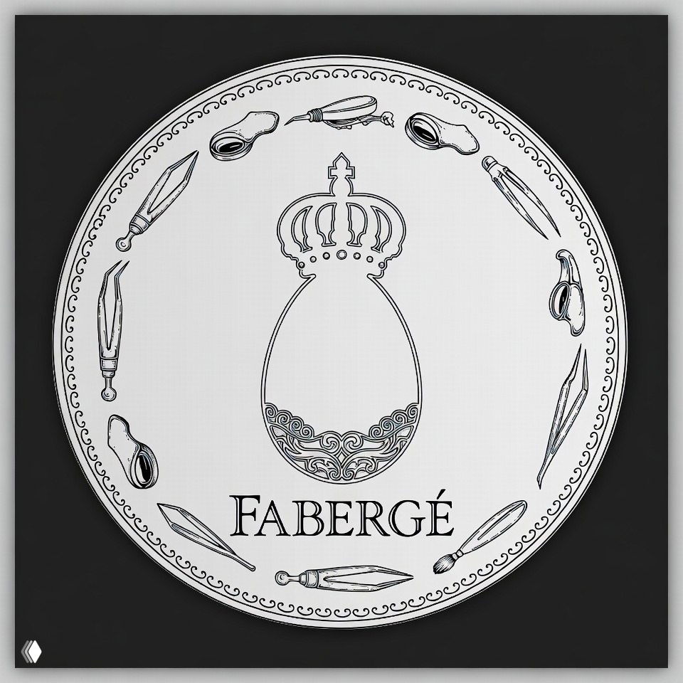 Лёгкий контурный рисунок медальона: тонкая корона, силуэт яйца с орнаментом внизу и равномерное расположение ювелирных инструментов по бордюру.