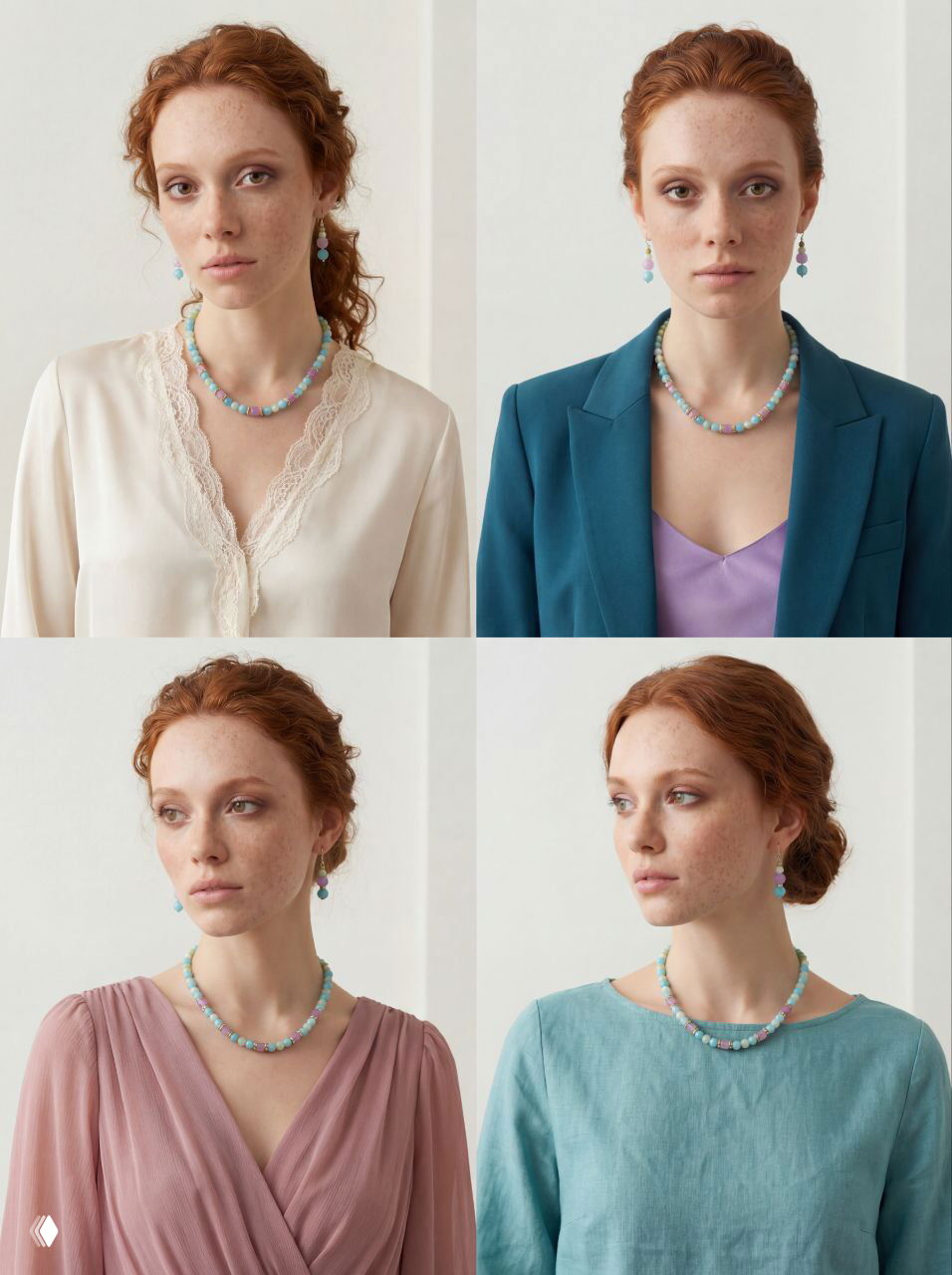 Рыжая модель показывает комплект «Морской бриз» с легкими платьями и льняными топами — романтические и кэжуал образы в пастельной гамме