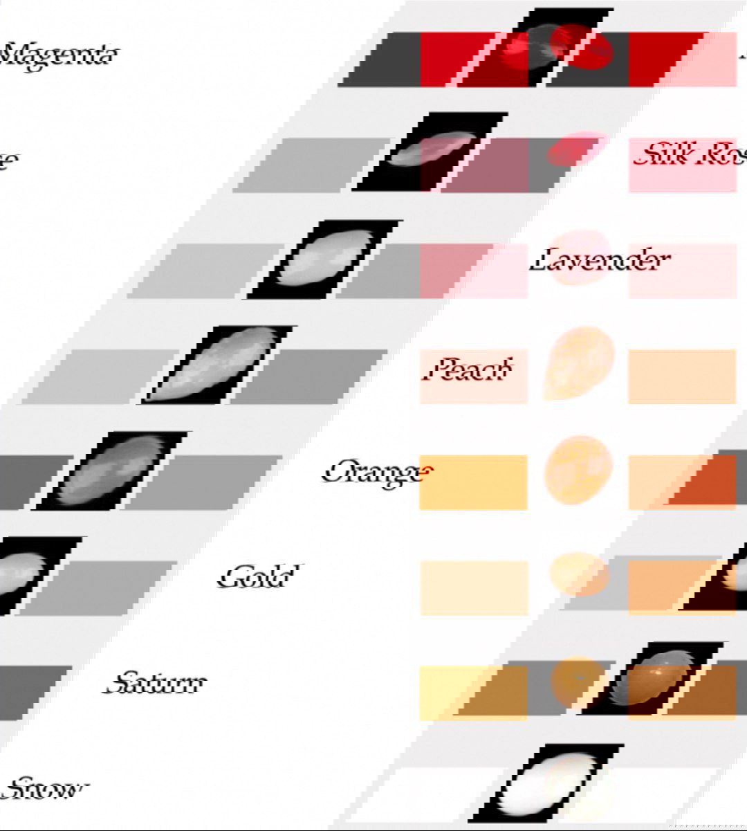 Палитра оттенков жемчуга Conch: образцы magenta, silk rose, lavender, peach, orange, gold и другие с миниатюрами образцов.