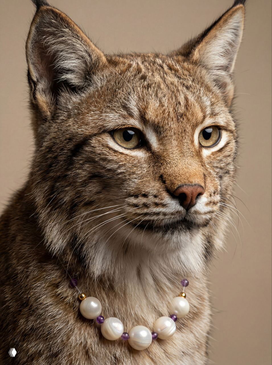 Портрет рыси в студийной фотосъёмке; на шее декоративное ожерелье из крупных жемчужин с фиолетовыми акцентами, художественная постановка.