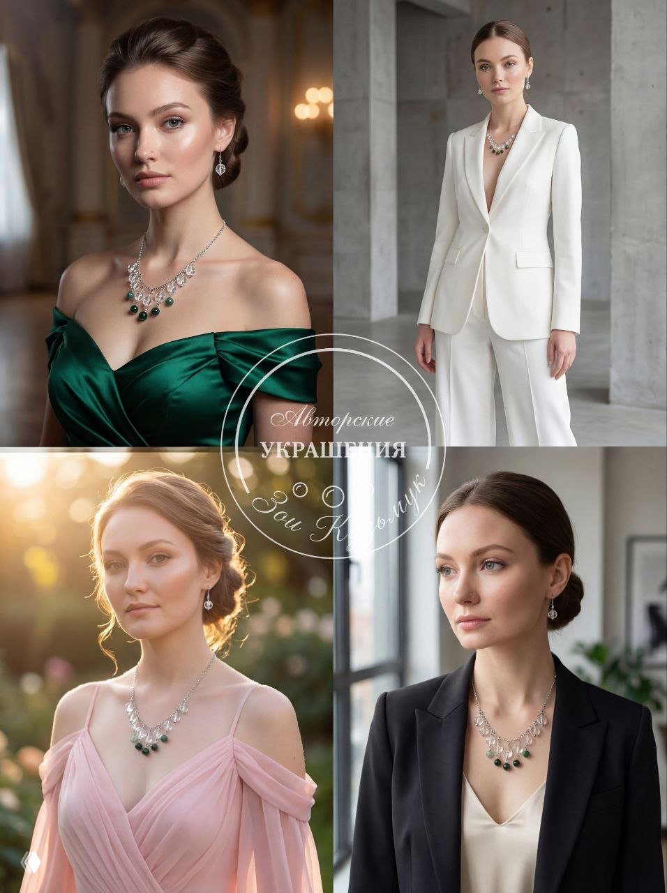 Коллаж с моделями в вечернем и деловом образах: как выглядит колье из горного хрусталя и зелёных индийских агатов на шее в разных стилях.