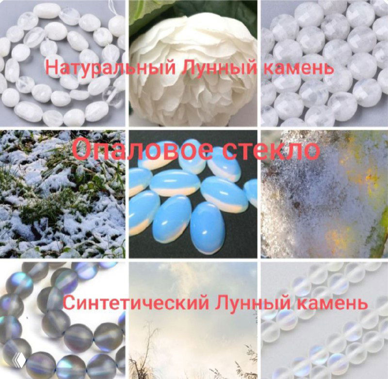 Скомпонованный и частично искажённый коллаж с надписями «Опаловое стекло» и отметками синтетических материалов на изображениях бус и нитей.