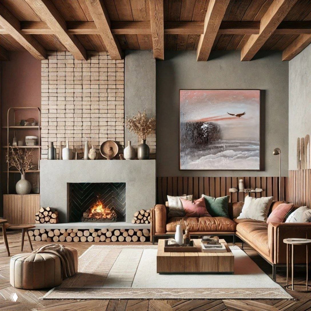 Просторная гостиная с камином, деревянными балками и крупной абстрактной картиной в пастельных и земляных оттенках.