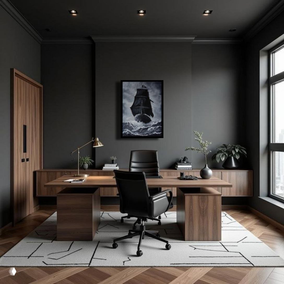 Офис с тёмными стенами и деревянной мебелью, на стене висит картина чёрного парусника над штормовым морем — строгий интерьер рабочего кабинета с акцентом на арт.
