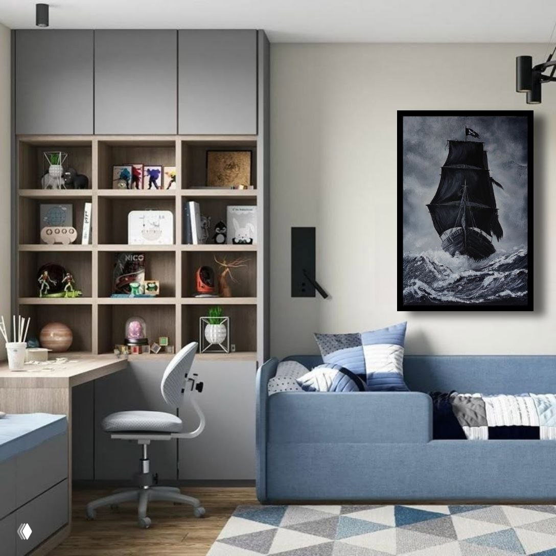 Детская с синим диваном и темной картиной парусника в шторме на стене — драматичный морской сюжет в интерьере ребёнка-школьника.