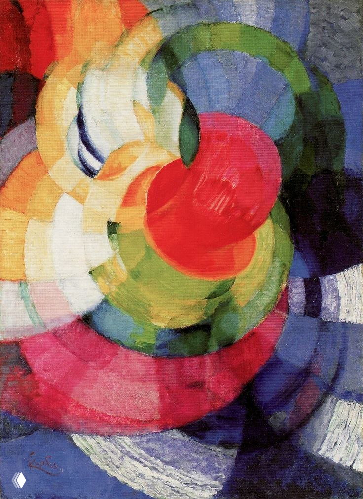 Абстрактная картина с крупными круговыми формами и цветными сегментами, ощущение вращения и музыкальной ритмики в композиции