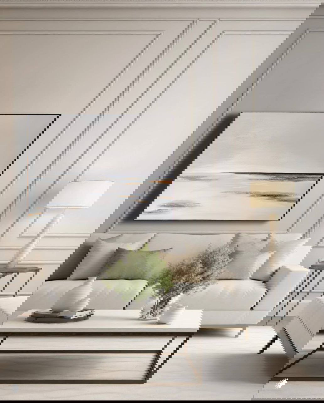 Большое минималистичное полотно в светлой гостиной над белым диваном; спокойная палитра и тонкая текстура картины гармонируют с нейтральным интерьером.