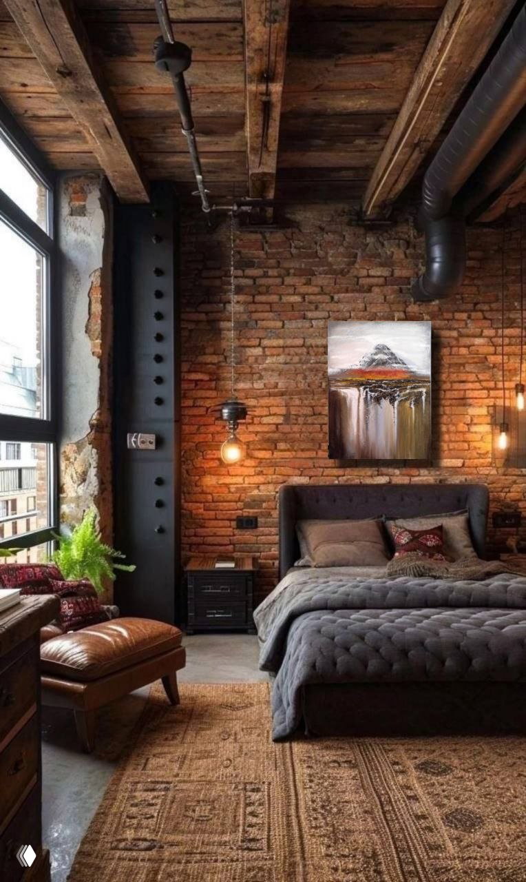 Лофт-спальня с кирпичной стеной и индустриальными элементами, над изголовьем висит картина с горным сюжетом и насыщенной текстурой, тёплая ламповая подсветка.