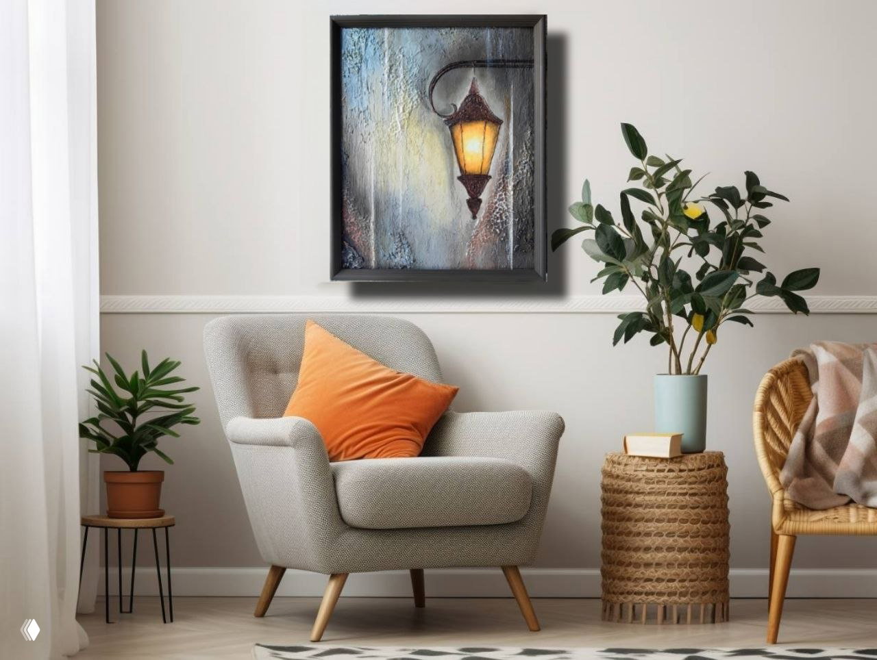 Сцена уютного уголка с креслом и настенным абстрактным полотном со светильником на картине, растением и мягкой подушкой — тёплая домашняя атмосфера.