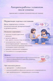 Лист с инфографикой: иллюстрация терапевта и клиента на сессии, пункты по оценке состояния, стабилизации и интеграции опыта после измены