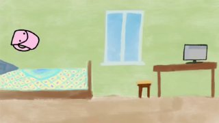 Скриншот из анимационной работы: пастельный интерьер комнаты, компьютер и персонаж в стиле рисованной социальной рекламы на тему цифровой безопасности.