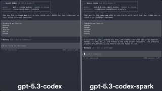 Скриншот сравнения вывода и скорости: слева gpt-5.3-codex, справа gpt-5.3-codex-spark; видно ускорение отклика и подписи.