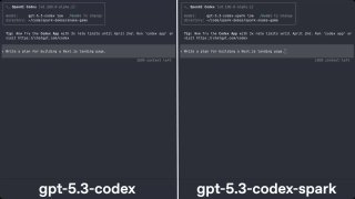 Скриншот интерфейса с параллельным сравнением: gpt-5.3-codex против gpt-5.3-codex-spark; видно сокращение времени ответа при Spark.