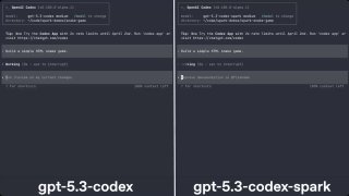 Кадр с парами окон: в подписи указано gpt-5.3-codex и gpt-5.3-codex-spark; визуальная демонстрация более быстрого отклика Spark.