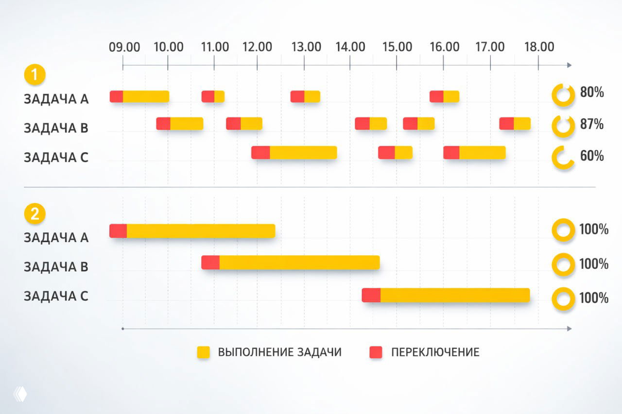 Инфографика: график задач по времени с выделенными периодами переключений (красным) и выполнением задач (жёлтым), демонстрация потерь при многозадачности.