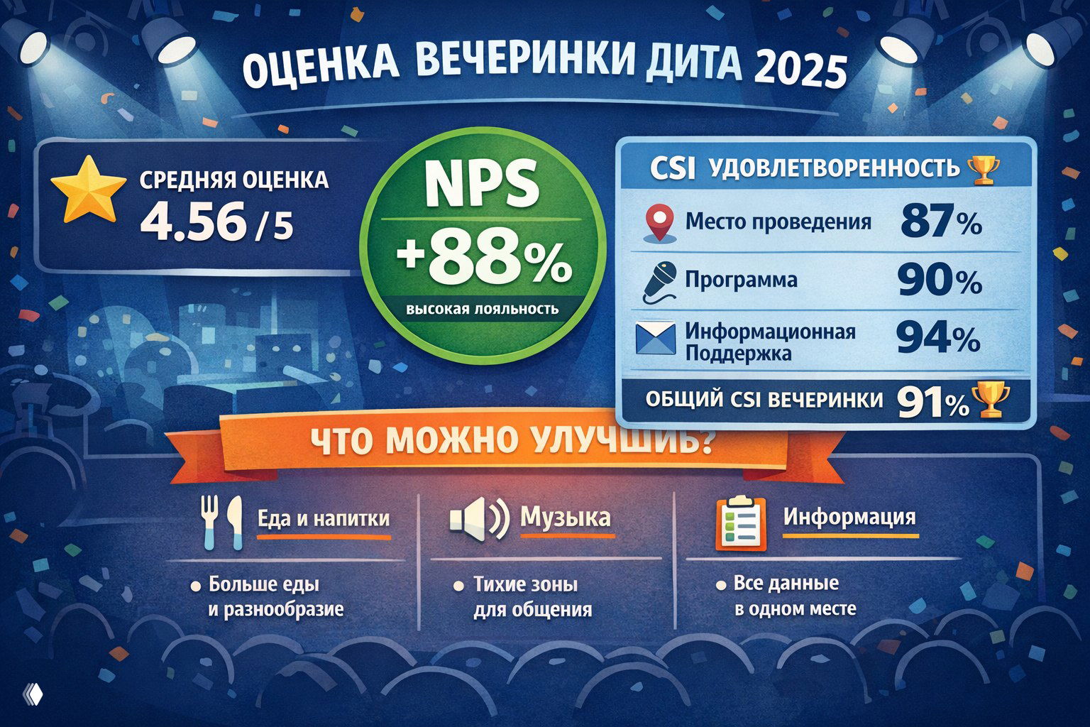 Инфографика с оценками вечеринки: NPS +88%, общий CSI 91%, средняя оценка 4,56/5 и предложения по улучшению еды, музыки и информации.