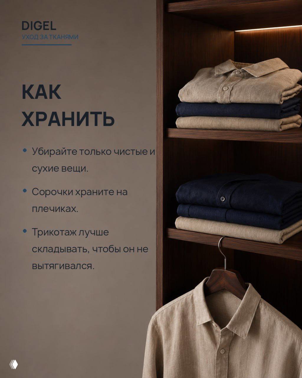 Шкаф с аккуратно сложенными льняными и хлопковыми рубашками и вешалка с подвешенной рубашкой — рекомендации по хранению чистых и сухих вещей.