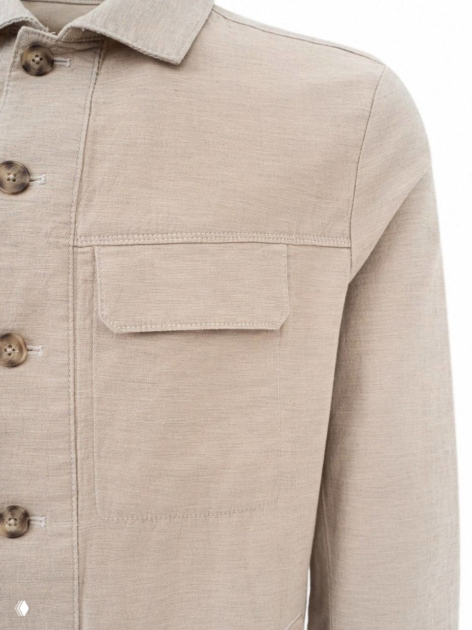 Деталь: клапан накладного кармана на бежевой рубашке, ровная строчка и текстура ткани показаны крупным планом для оценки качества.