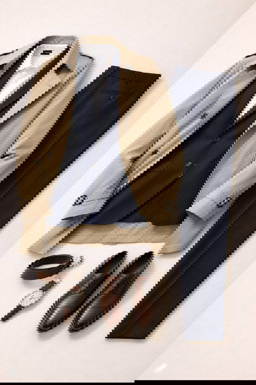 Деловой комплект в плоской укладке: бежевый плащ, тёмно-синий пиджак, белая рубашка, тёмные классические брюки и коричневые туфли-дерби