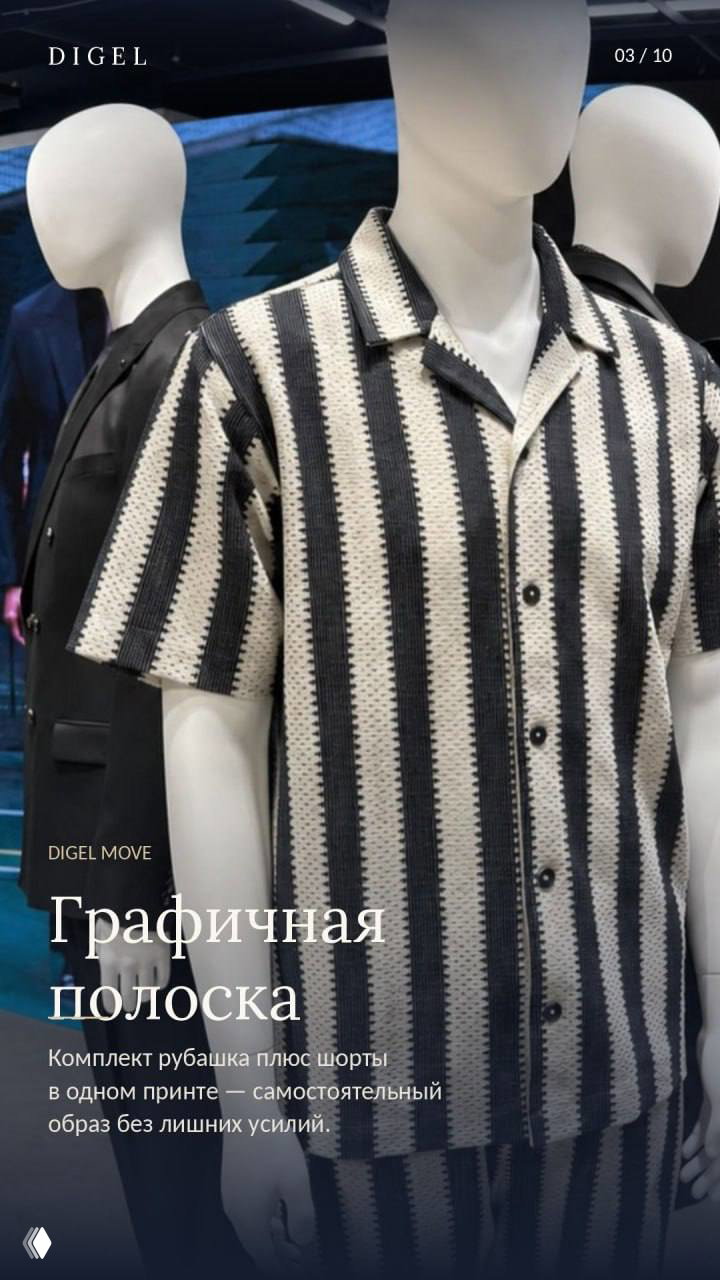 Крупный план графичной чёрно‑белой рубашки и шорт в полоску на манекене — акцент на принтах в коллекции сезона «The Pool».
