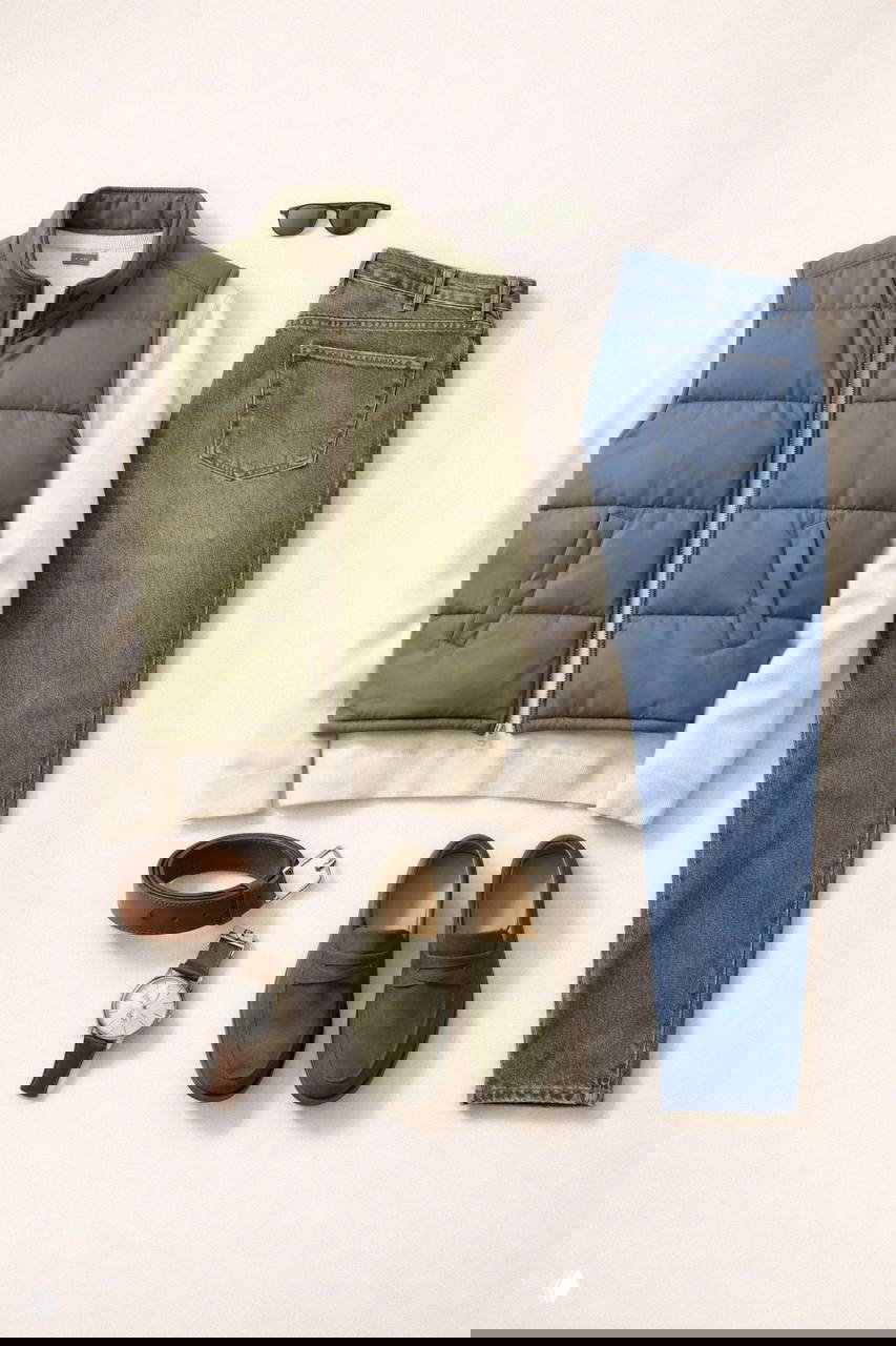 Повседневный комплект с жилетом: оливковая стёганая жилетка, светлый джемпер, синие джинсы, зелёные лоферы и аксессуары на нейтральном фоне