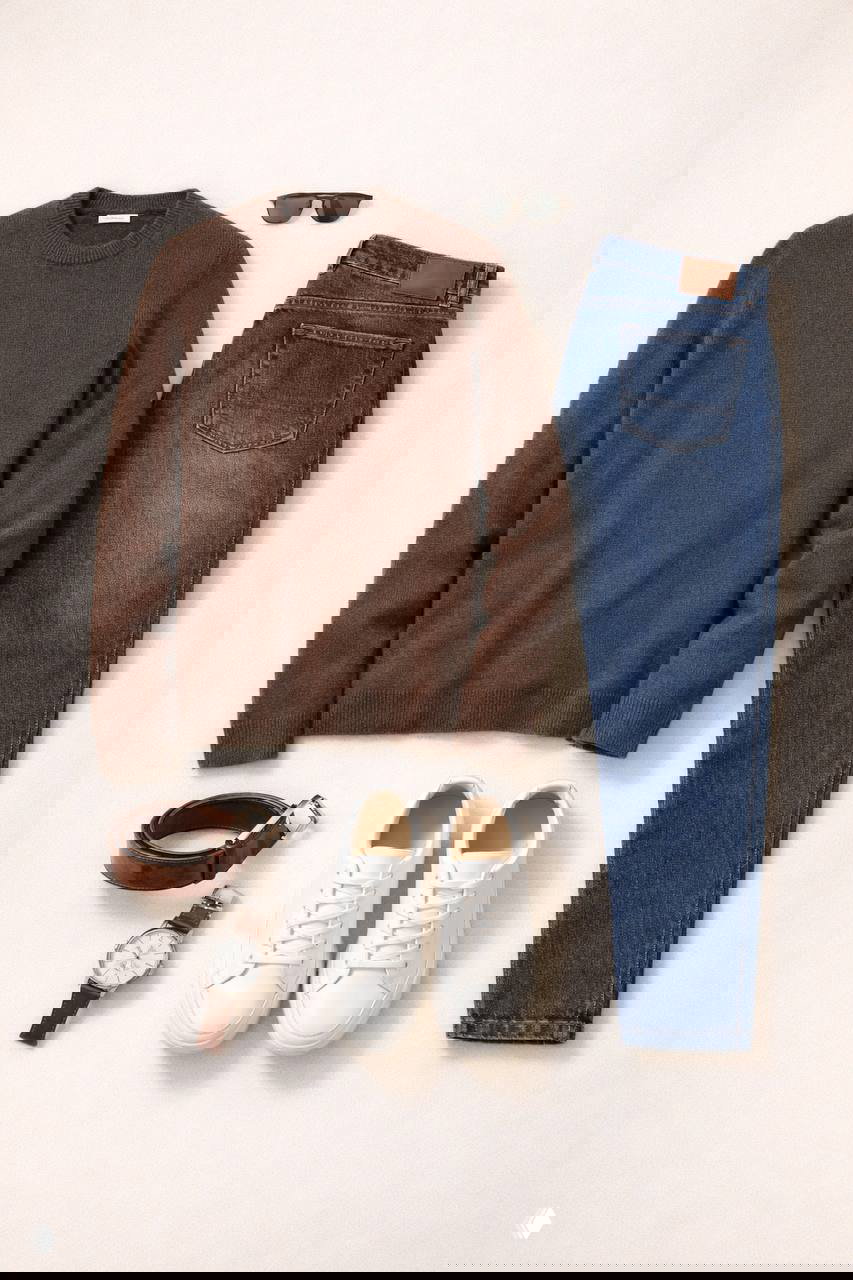 Тёплый базовый набор: коричневый свитер, синие джинсы, белые кеды, коричневый ремень и наручные часы на однотонном фоне