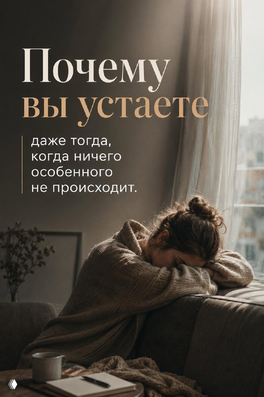 Женщина в уютном свитере опирается головой на руки на диване у окна; на столе кружка и блокнот, мягкий свет и ощущение усталости.