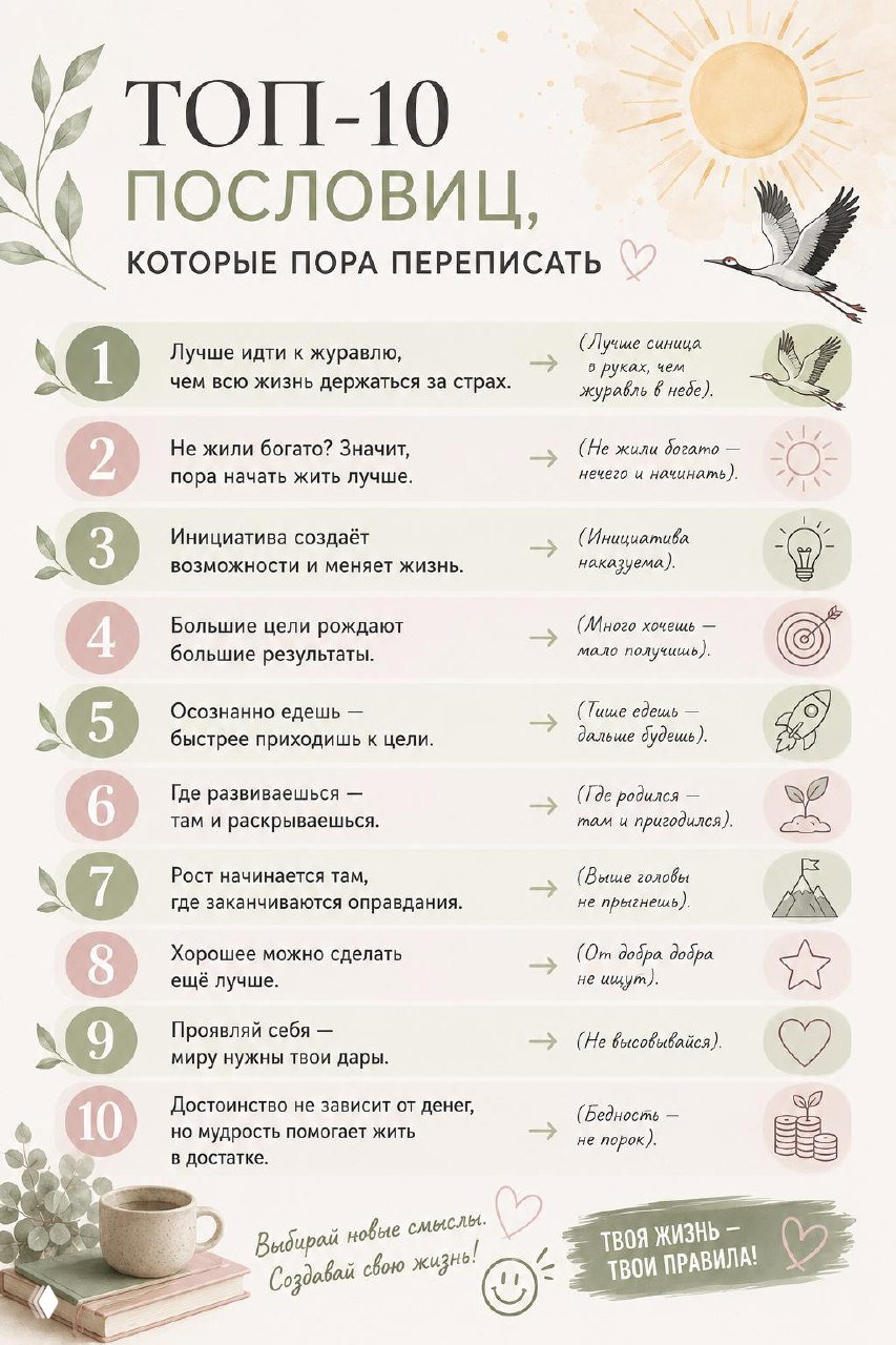 Инфографика «Топ‑10 пословиц, которые пора переписать»: список привычных пословиц и предлагаемые современные формулировки в мягком пастельном оформлении.