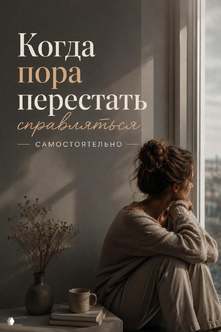Женщина сидит у окна в спокойной комнате, облокотившись на колени; рядом чашка и ваза — кадр, передающий усталость и задумчивость.