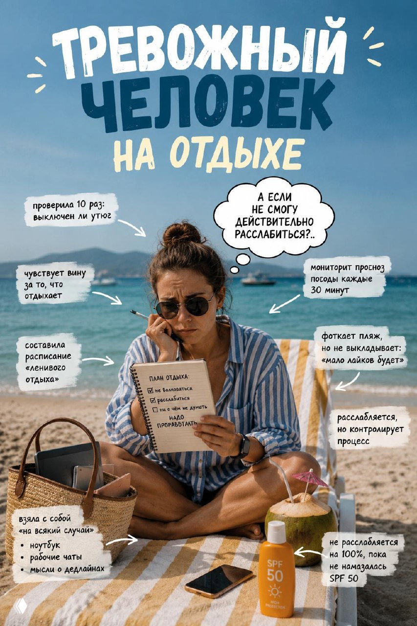 Женщина на пляже в солнцезащитных очках с блокнотом и кремом SPF, задумчивая и обеспокоенная, вокруг — надписи о тревожных проверках отдыха.
