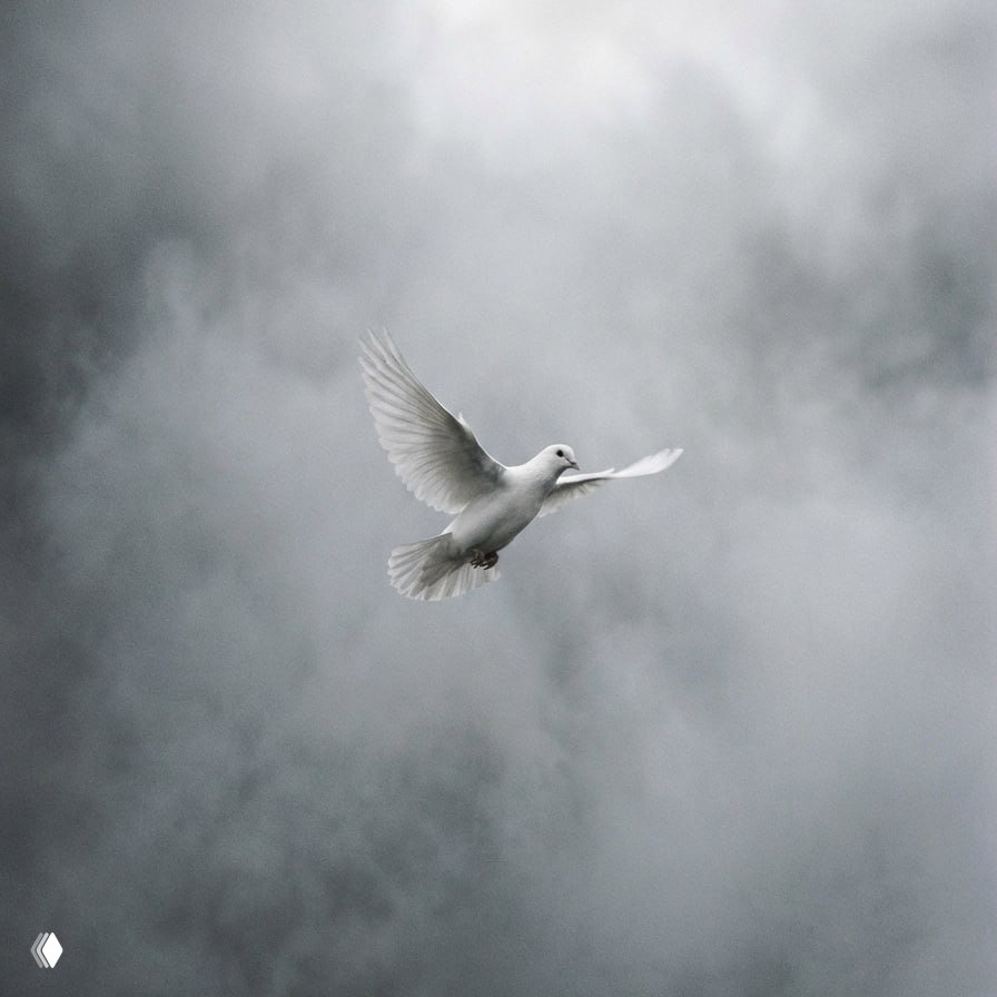 Белая голубка в полёте на фоне мрачного облачного неба, символ тумана, перемен и хрупкости истины в контексте прогноза 12 апреля 2026.