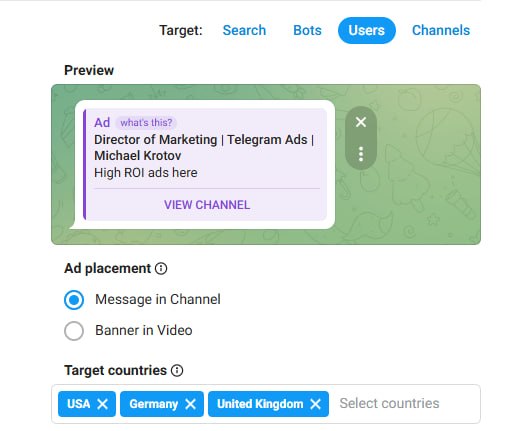 Screenshot of Telegram Ads interface showing 'Users' targeting enabled for TON accounts, ad preview card and selected target countries including USA, Germany, United Kingdom.