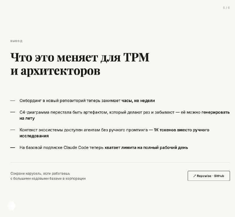 Слайд выводов: что меняется для TPM и архитекторов — онбординг занимает часы, C4-диаграммы генерируются на лету, контекст доступен агентам без ручного промптинга.