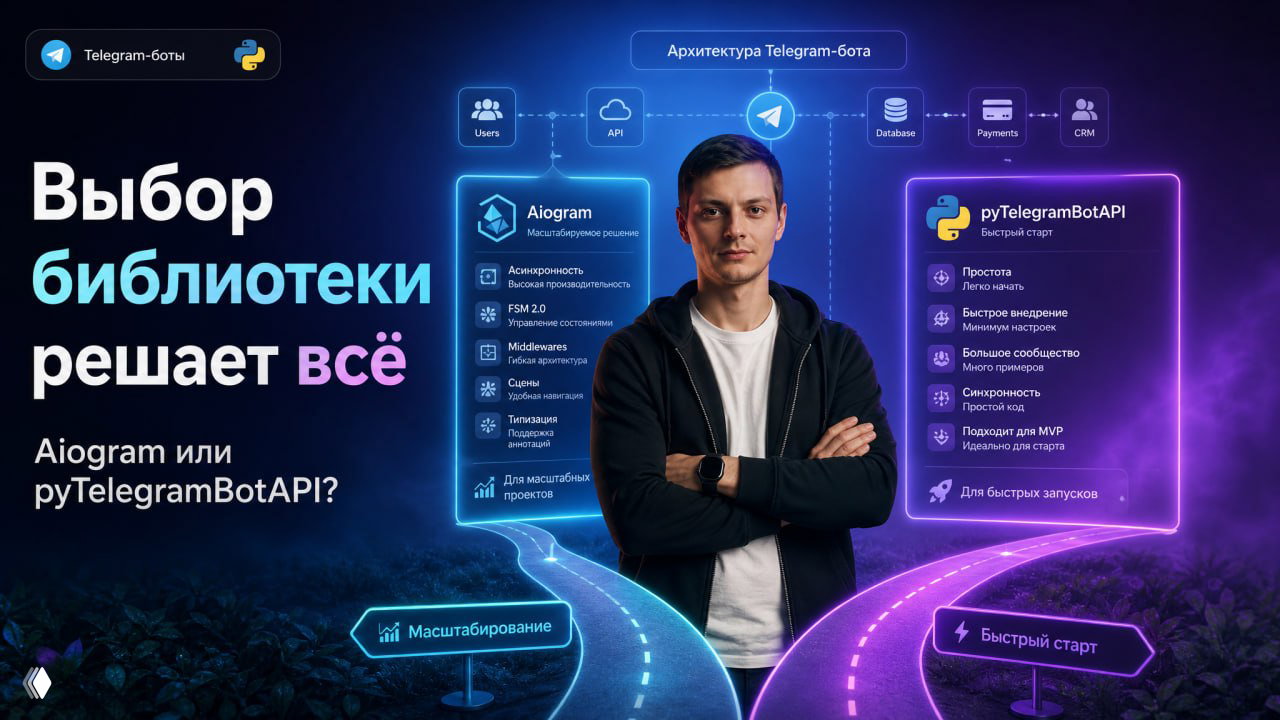 Автор в центре и два подсвеченных блока с Aiogram и pyTelegramBotAPI; инфографика сравнивает библиотеки для Telegram‑ботов.