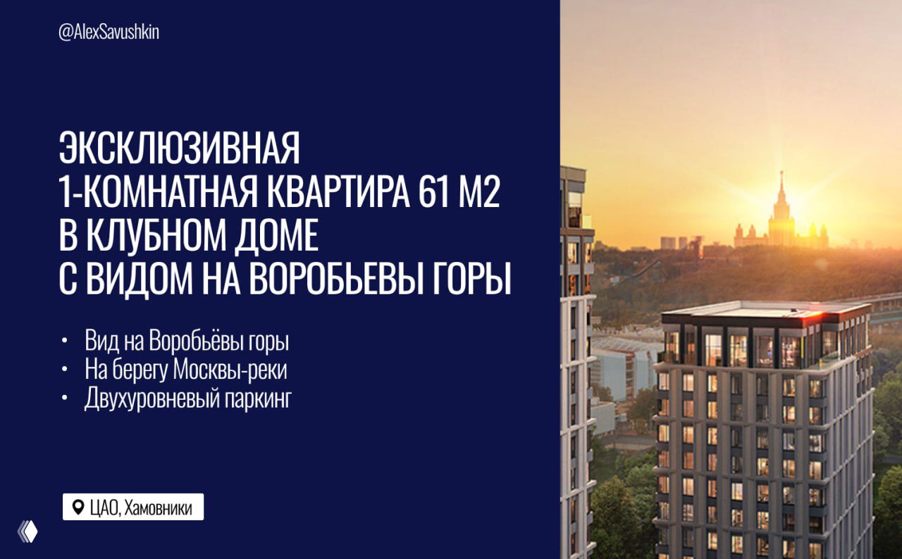 1‑комнатная квартира 61 м² в Хамовниках с видом на Воробьёвы горы