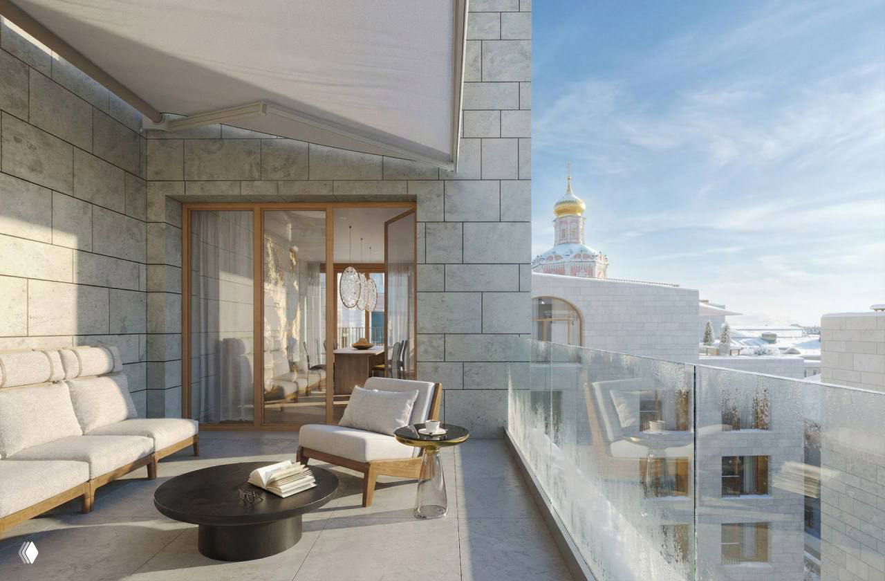 Терраса пентхауса с мягкой мебелью и стеклянным ограждением, вид на купол храма и городские крыши в рендере интерьера.
