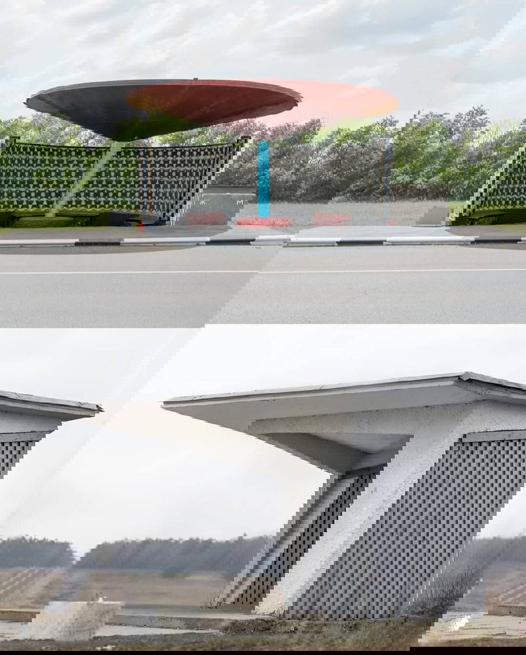 Куполообразная остановка с яркой внутренней росписью и силовой опорой рядом, окружение — кусты и линии ЛЭП.