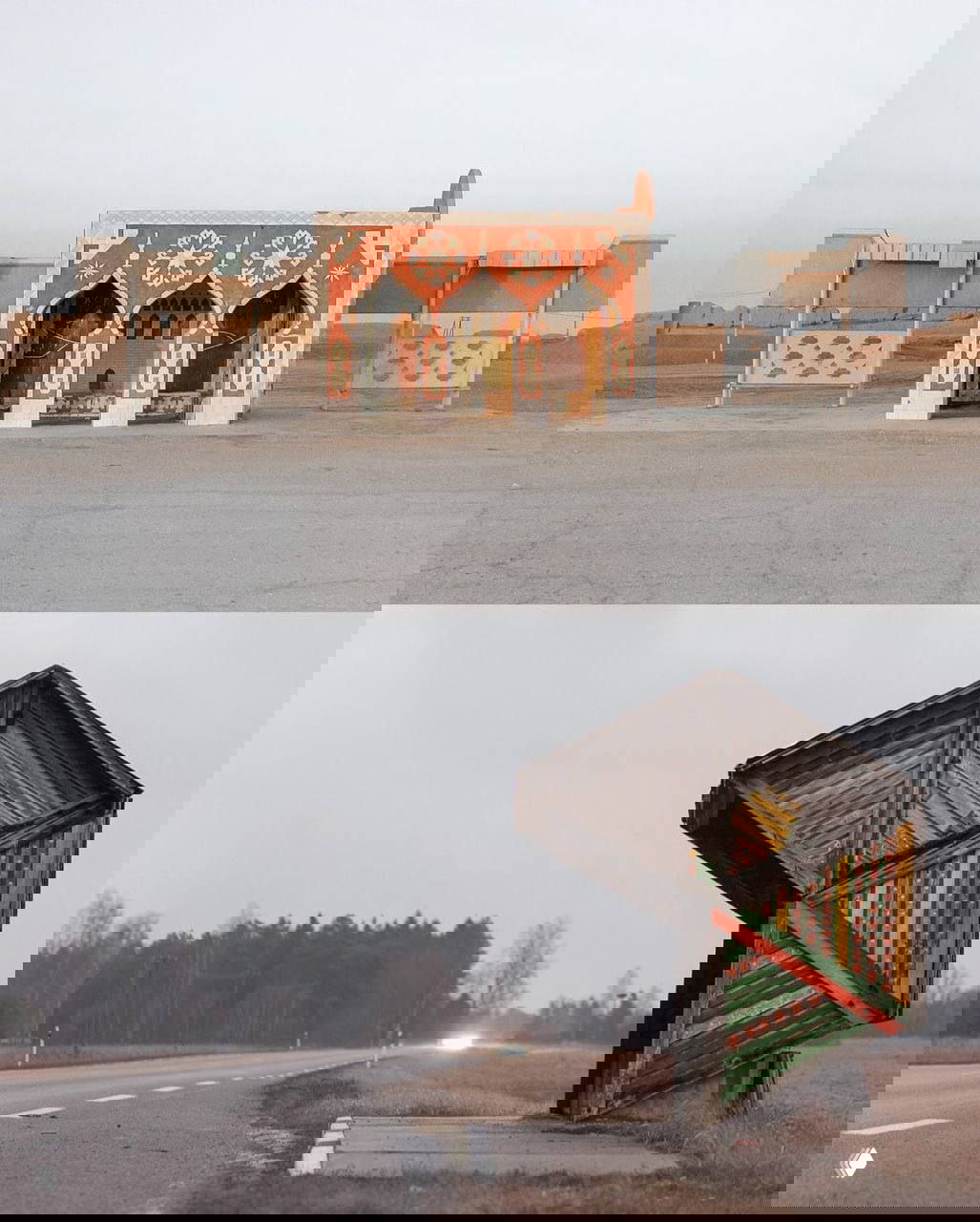 Угловая деревянная и бетонная остановка с окраской и геометрическим покрытием, дорога уходит в даль к полосе леса.